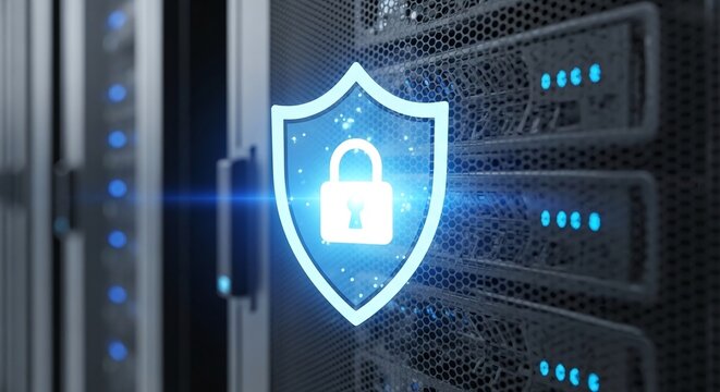 Glowing digital padlock shield icon symbolizing data security and cyber protection within a server room environment, representing network safety and it infrastructure defense