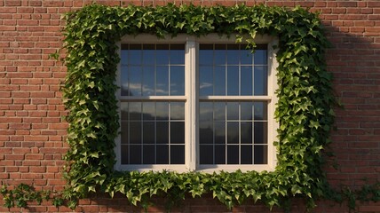 Charming window framed by lush green ivy on a rustic brick wall, creating a warm and inviting atmosphere.