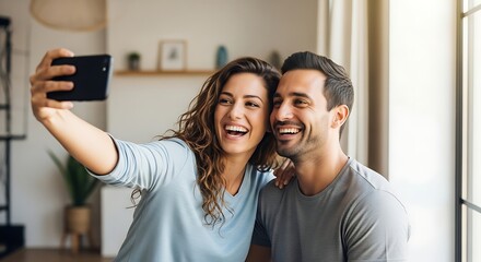 Smiling couple taking a selfie indoors with natural light and a modern neutral colored background visible