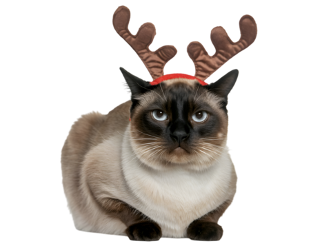 Adorable Siamese cat wearing festive reindeer antlers for Christmas celebrations. This cute pet embodies holiday cheer, perfect for festive designs, greeting cards, and pet-themed projects.