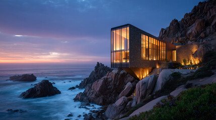 Modern cliffside villa with glass walls overlooking dramatic ocean at sunset. Modern glass and stone villa perched on rugged cliff above ocean, dramatic waves, golden sunset glow.