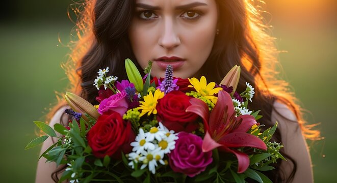 A woman holding a colorful bouquet of flowers with a serious expression in a blurred outdoor setting - Powered by Adobe