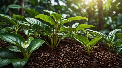Obraz premium Close-up of vibrant coffee plants growing from rich soil, surrounded by a lush green backdrop, showcasing nature's beauty.