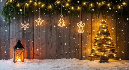 Cozy christmas scene: rustic wood, festive lights, ornaments, snow