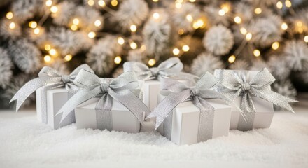 White christmas gifts with silver bows on snow, festive lights