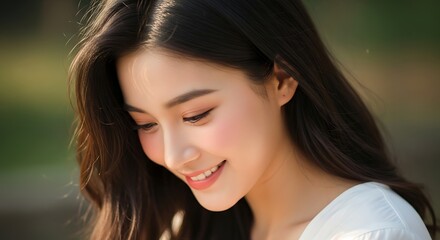 Close up portrait of a young woman with long dark hair smiling softly in an outdoor setting with greenery