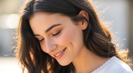 Portrait of a smiling woman with brown wavy hair and a white top looking down in soft natural light