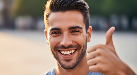 A smiling man with dark hair giving a thumbs up gesture in a bright outdoor setting with blurred background