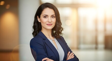 Portrait of a confident woman in a blue blazer with arms crossed in a bright office space