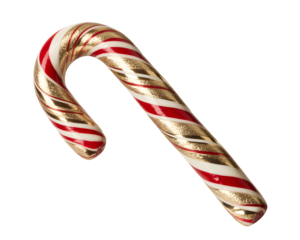 Elegant glittery Christmas candy cane with festive red, white, and shimmering gold stripes on a black background. Perfect holiday sweet treat for joyous celebration designs.
