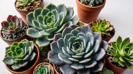 Beautiful arrangement of various succulent plants in terracotta pots, showcasing diverse shapes and vibrant greens.