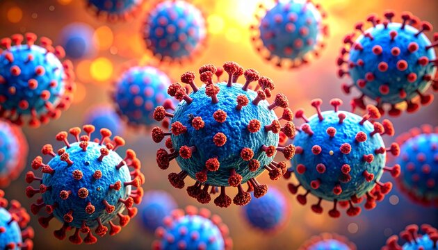 Highly detailed 3D rendering of spherical viral particles covered in blue and red spike proteins, floating against a soft, warm, blurred background with realistic texture and depth.