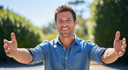 A man with open arms wearing a blue shirt and smiling in front of a green background on a sunny day