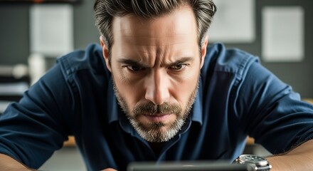 Intense gaze of a bearded man with furrowed brow wearing a blue shirt and a watch looking down intently