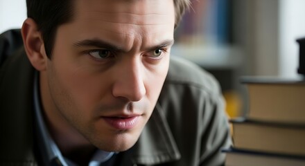Close up of a man with furrowed brow wearing a jacket and blue shirt looking intently at something
