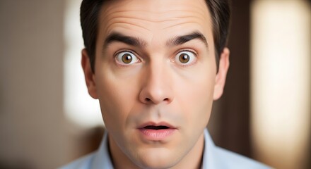 A close up of a man with wide eyes and an open mouth showing a surprised or shocked expression on his face