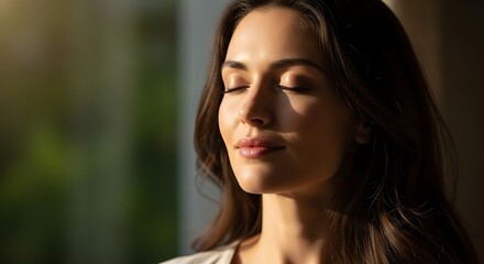 Woman with closed eyes enjoying sunlight on her face with brown hair and soft facial features in a serene pose