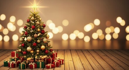 Brightly decorated christmas tree with gifts and festive bokeh