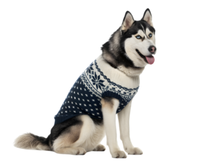 Adorable Siberian Husky dog wearing a cozy blue and white winter fair isle sweater with snowflake pattern. Perfect for Christmas, holidays, pet care, or cozy seasonal content. Cute canine portrait,