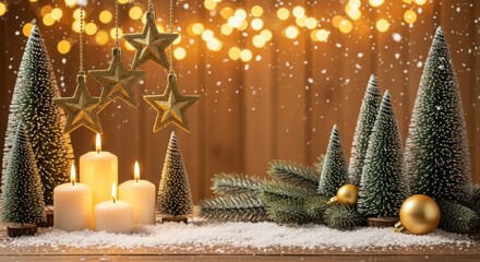 Holiday candles, golden stars, snowy trees, and warm bokeh lights
