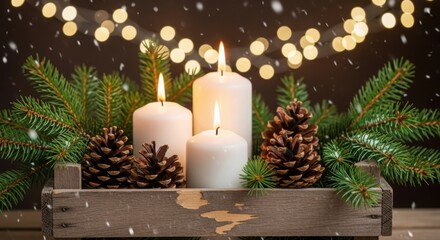 Christmas composition with three glowing candles and winter decor.