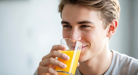 A young man smiling while holding a glass of orange juice in a bright, naturally lit indoor environment