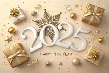 "Elegant Gold and White 'Happy New Year 2025' Celebration with Festive Gifts, Ornaments, and Sparkling Snowflake"