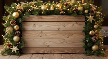 Festive wooden sign with golden christmas garland and lights