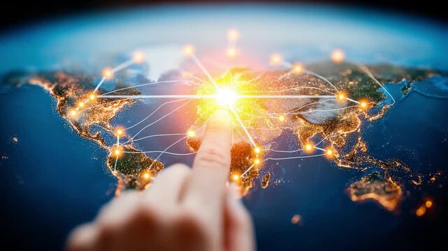 Global Touch:  A hand reaches out to connect with the globe, illuminating the intricate network of connections symbolizing the interconnectedness of our world.  