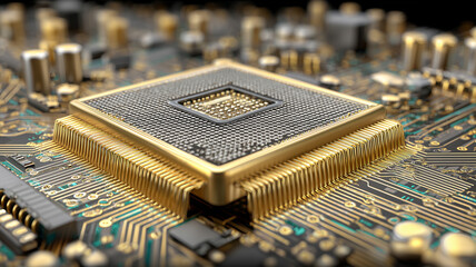 A high precision processor mounted on a circuit board representing computational power technological development and advanced electronic engineering.
