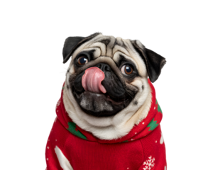Adorable pug dog in festive red Christmas sweater licking its nose, looking cute & funny on a black background. Perfect for holiday pet promotions, seasonal greetings, or Xmas banners.