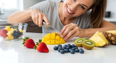 Woman in kitchen slicing mango with knife surrounded by fruit like kiwi and pineapple smiling