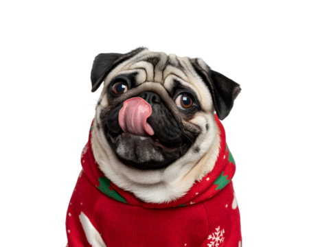 Adorable pug dog in festive red Christmas sweater licking its nose, looking cute & funny on a black background. Perfect for holiday pet promotions, seasonal greetings, or Xmas banners.