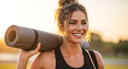 Smiling woman carrying a yoga mat over her shoulder at sunset ready for fitness and wellness outdoors