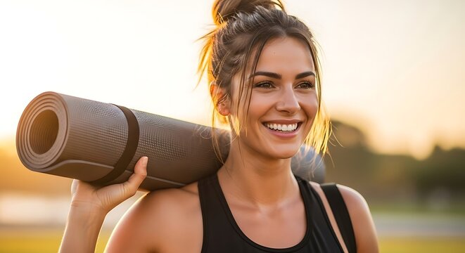 Smiling woman carrying a yoga mat over her shoulder at sunset ready for fitness and wellness outdoors
