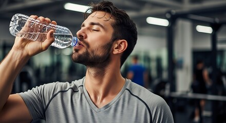 Man drinking water from a plastic bottle in a gym after workout staying hydrated and refreshed after exercise