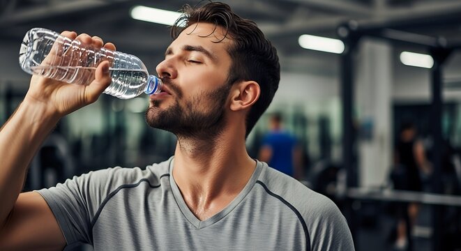 Man drinking water from a plastic bottle in a gym after workout staying hydrated and refreshed after exercise - Powered by Adobe