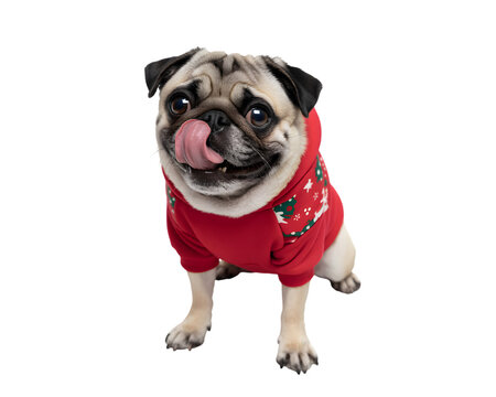 Adorable pug dog in a festive red Christmas sweater licking its lips, ready for holiday treats. Perfect for cheerful pet-themed banners & promotions.
