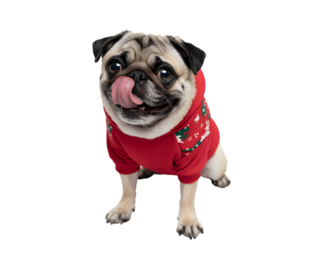 Adorable pug dog in a festive red Christmas sweater licking its lips, ready for holiday treats. Perfect for cheerful pet-themed banners & promotions. - Powered by Adobe