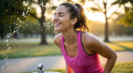 Woman in pink tank top drinking water from a public fountain on a sunny day in a park setting