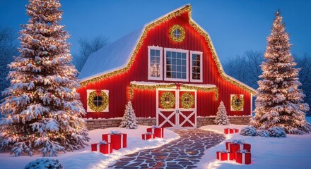 Winter wonderland scene with a red barn, festive lights and snow