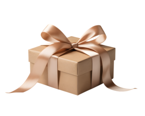 Elegant kraft gift box with luxurious rose gold ribbon, isolated on black. Ideal for Christmas, holiday, birthday, or anniversary celebration banners, ads, and e-commerce. Perfect for gifting, surp
