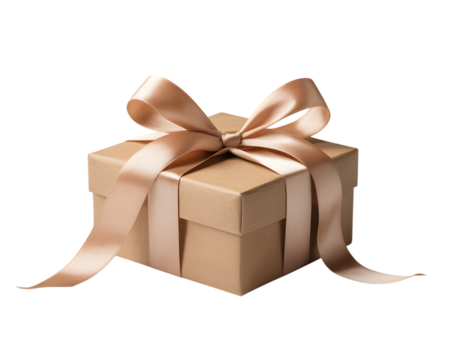 Elegant kraft gift box with luxurious rose gold ribbon, isolated on black. Ideal for Christmas, holiday, birthday, or anniversary celebration banners, ads, and e-commerce. Perfect for gifting, surp