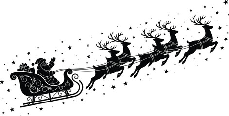 Santa sleigh silhouette, flying reindeer icons, Christmas night scene, festive holiday graphic, magical winter elements, flat vector illustration © Creative_Designer 