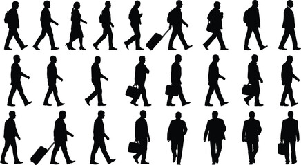 Fototapeta premium Walking people silhouettes, urban pedestrian icons, crowd movement shapes, travel figures, black vector humans, flat vector illustration