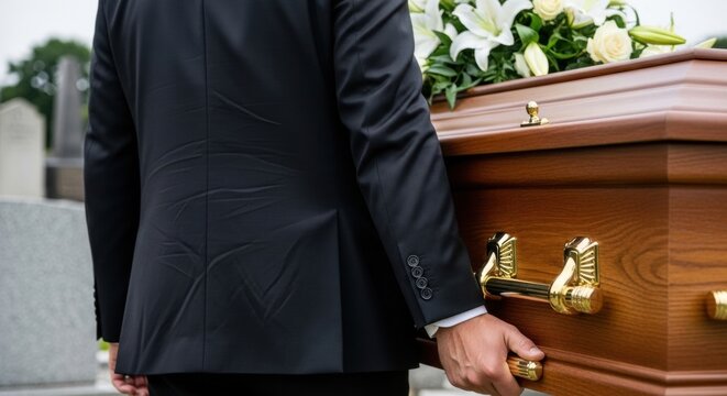 Rear View of Pallbearer in Black Suit Carrying Wooden Coffin by Golden Handle at Cemetery Funeral Service.
