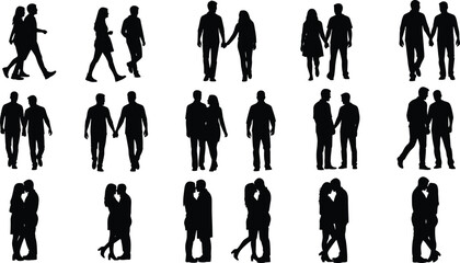 Couple silhouette collection, romantic poses icons, love and affection shapes, black vector figures, relationship moments graphics, flat vector illustration