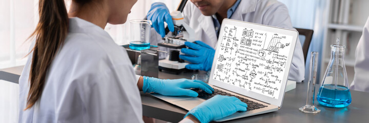 Mathematic equations and brisk formula on computer screen showing concept of science and education