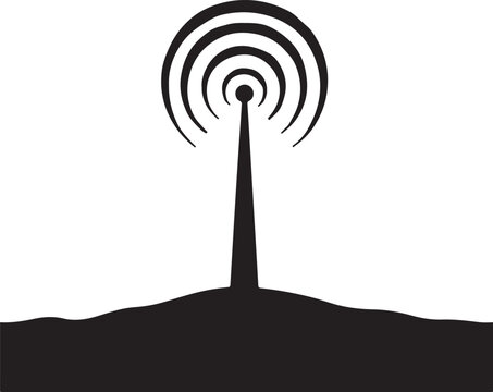 Black silhouette of a radio tower emitting waves on a hill