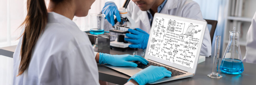 Mathematic equations and brisk formula on computer screen showing concept of science and education - Powered by Adobe